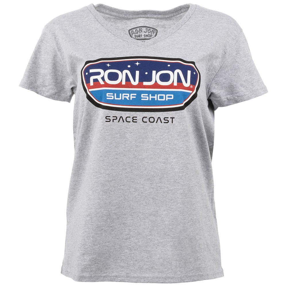 10150052310-grey-heather-ron-jon-womens-space-coast-badge-v-neck-tee-front