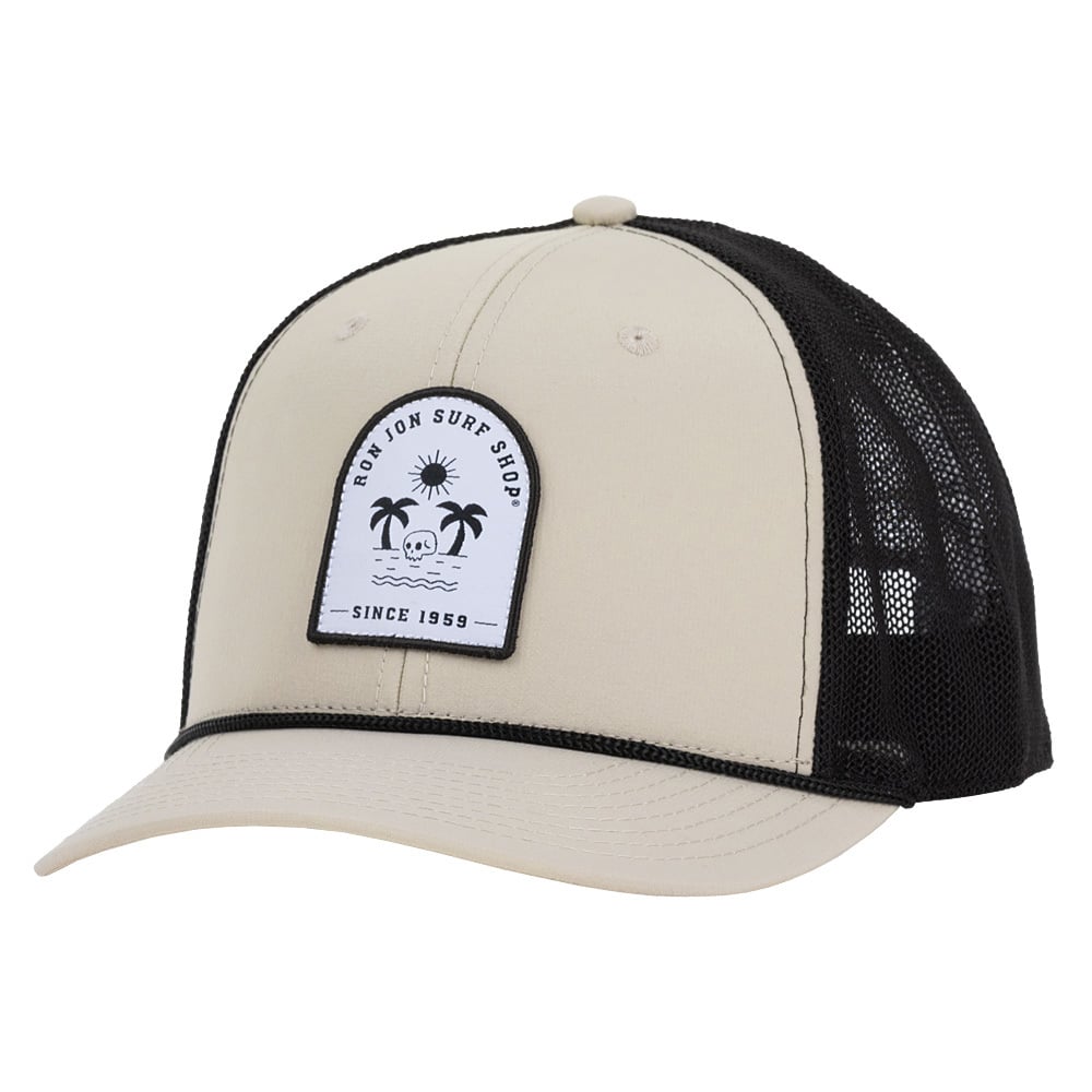 10841274000-ron-jon-skull-beach-tan-and-black-trucker-hat-front