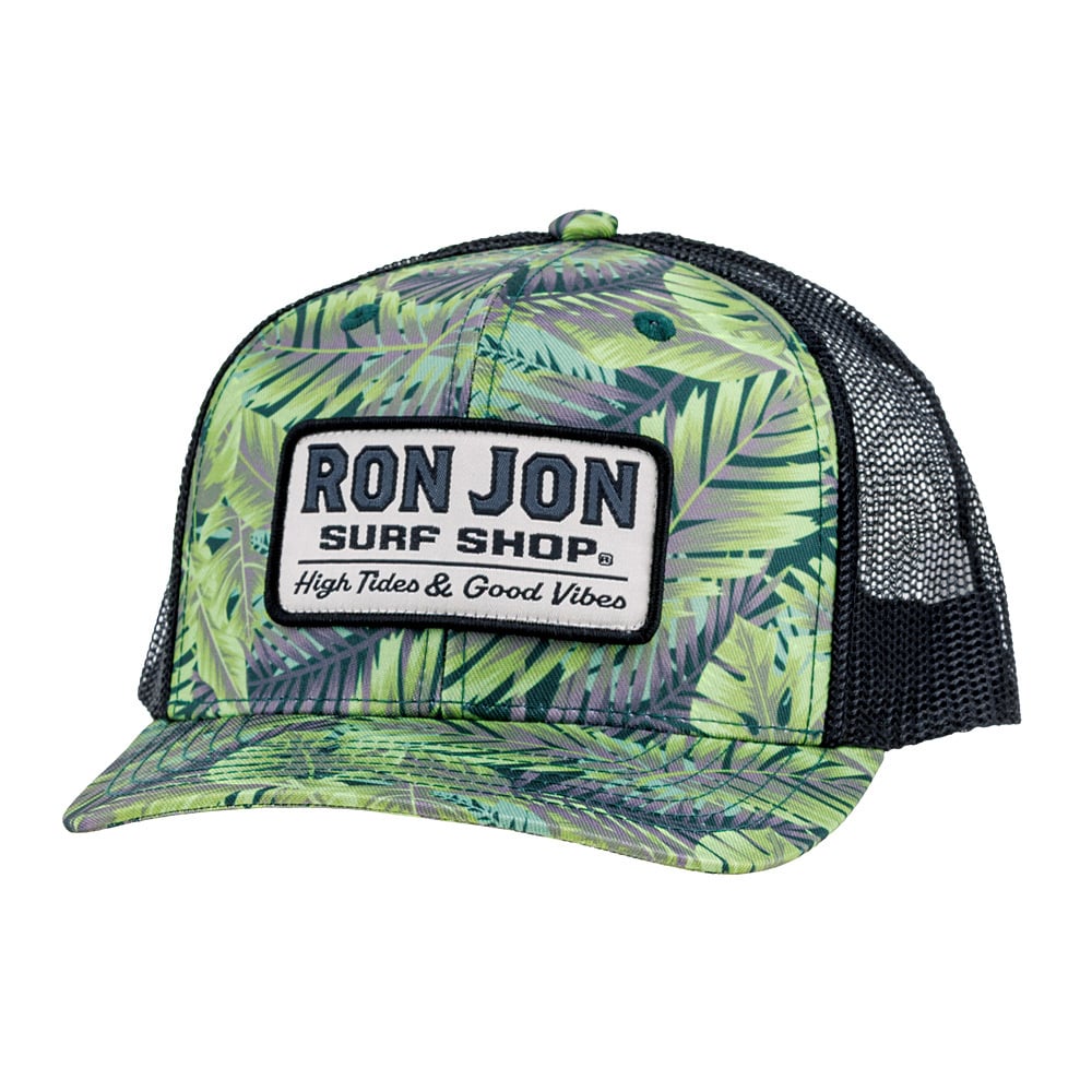 10841315000-ron-jon-green-black-tropical-foliage-trucker-cap-front