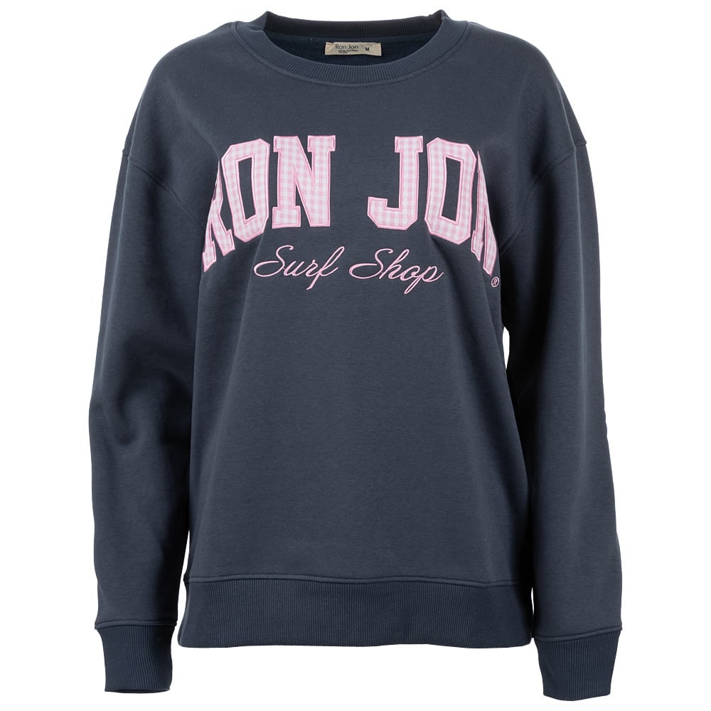 13351059086-navy-ron-jon-womens-gingham-crew-neck-pullover-front