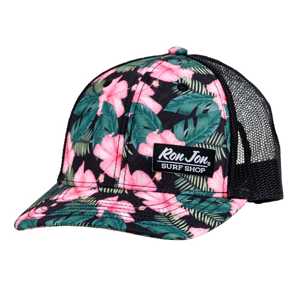 18830290000-ron-jon-black-pink-hibiscus-trucker-cap-front